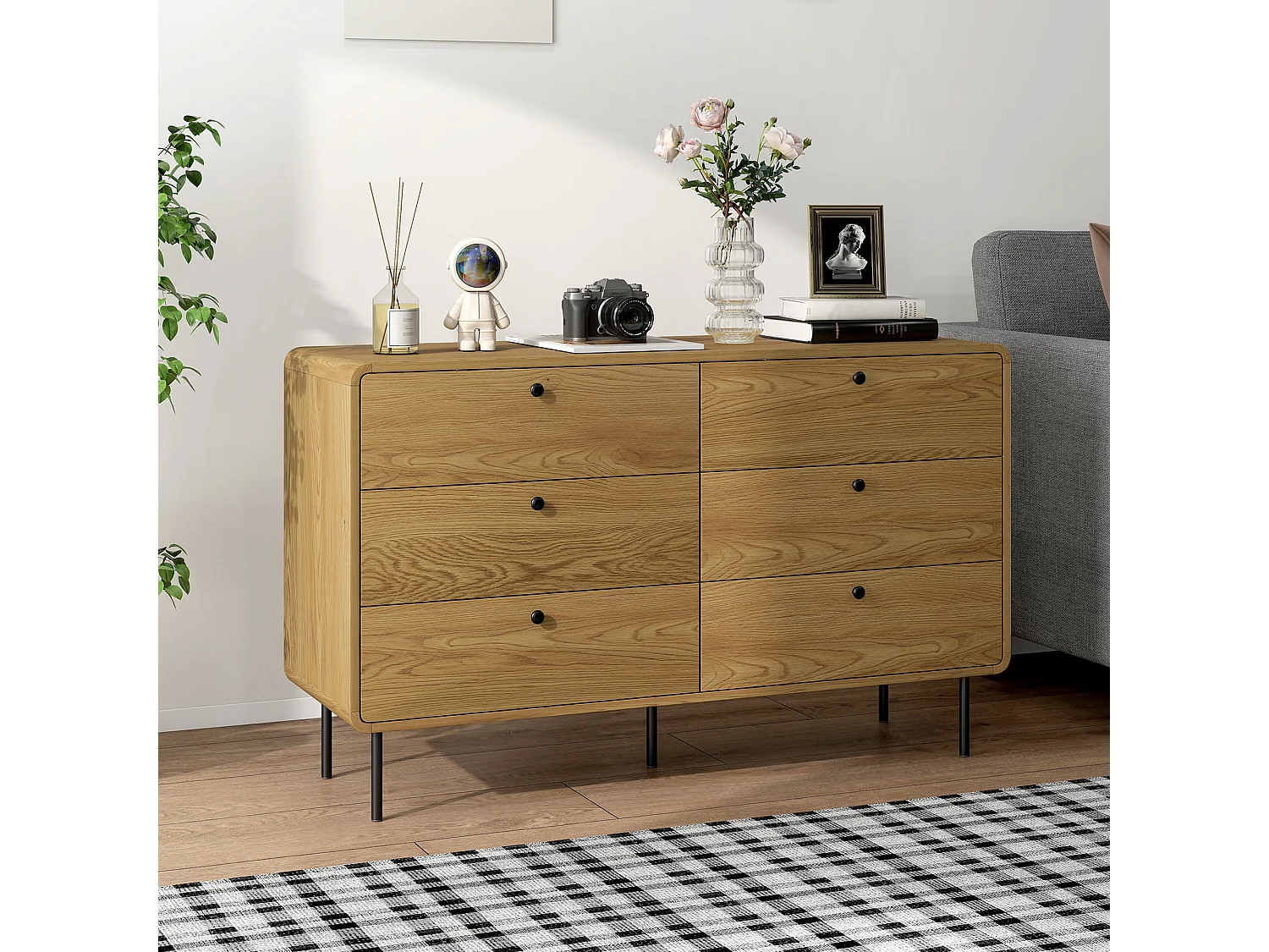 Commode 6 tiroirs style vintage effet bois coins biseautés piètement métal poignées bouton noir