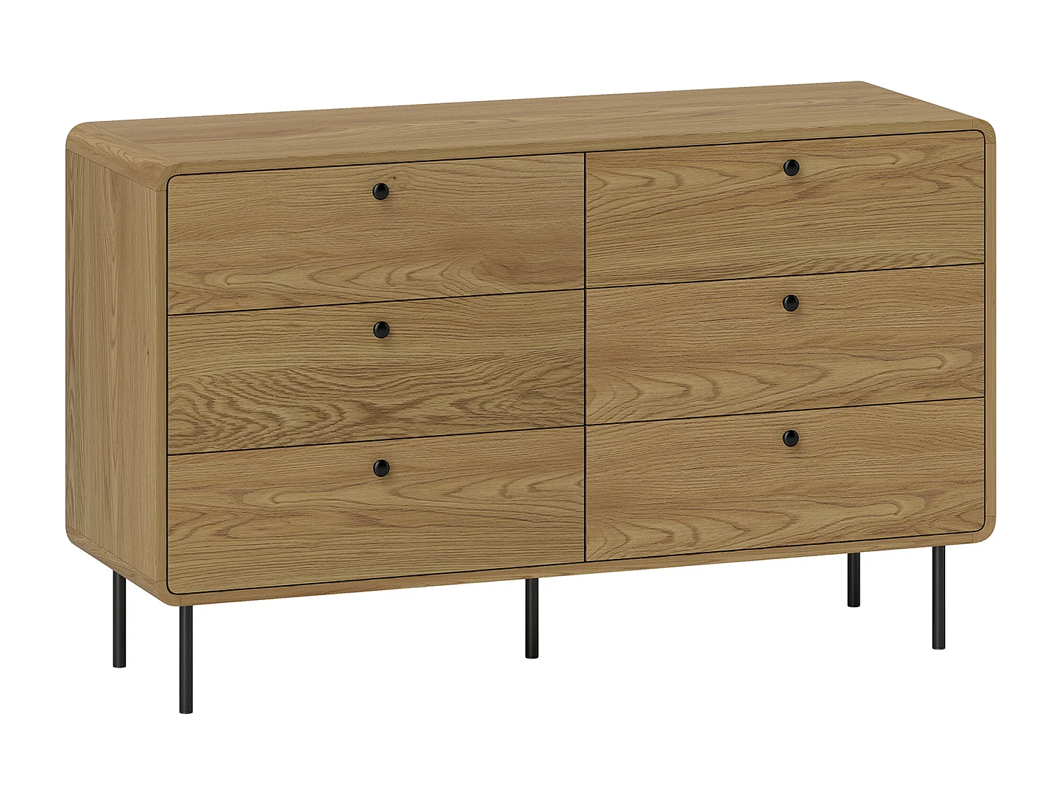 Commode 6 tiroirs style vintage effet bois coins biseautés piètement métal poignées bouton noir