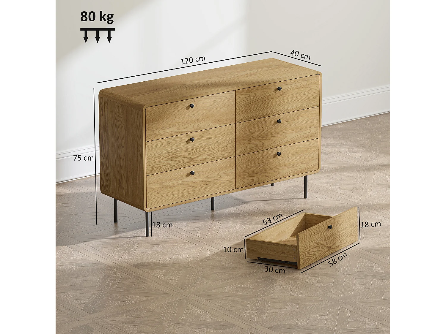 Commode 6 tiroirs style vintage effet bois coins biseautés piètement métal poignées bouton noir