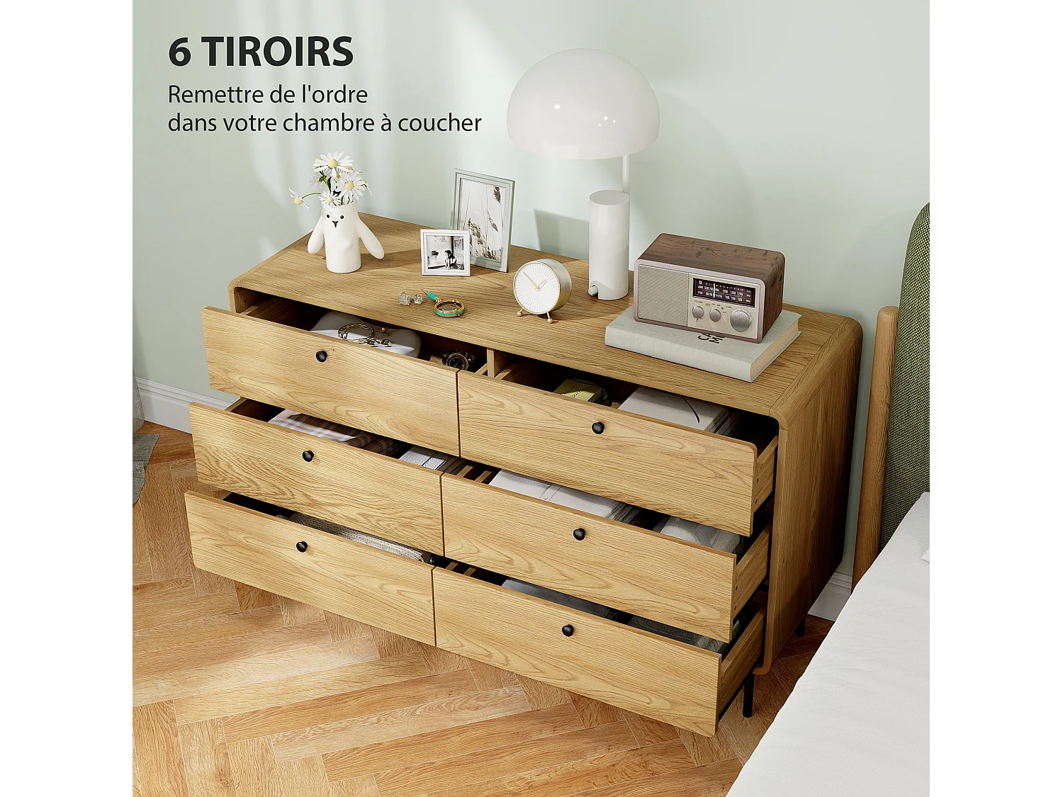 Commode 6 tiroirs style vintage effet bois coins biseautés piètement métal poignées bouton noir