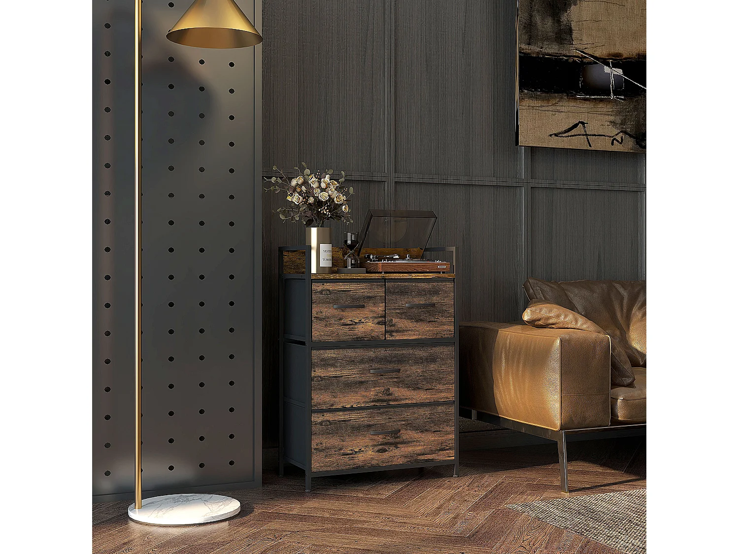 Commode style industriel - 4 tiroirs - acier noir non tissé plateau effet bois vieilli