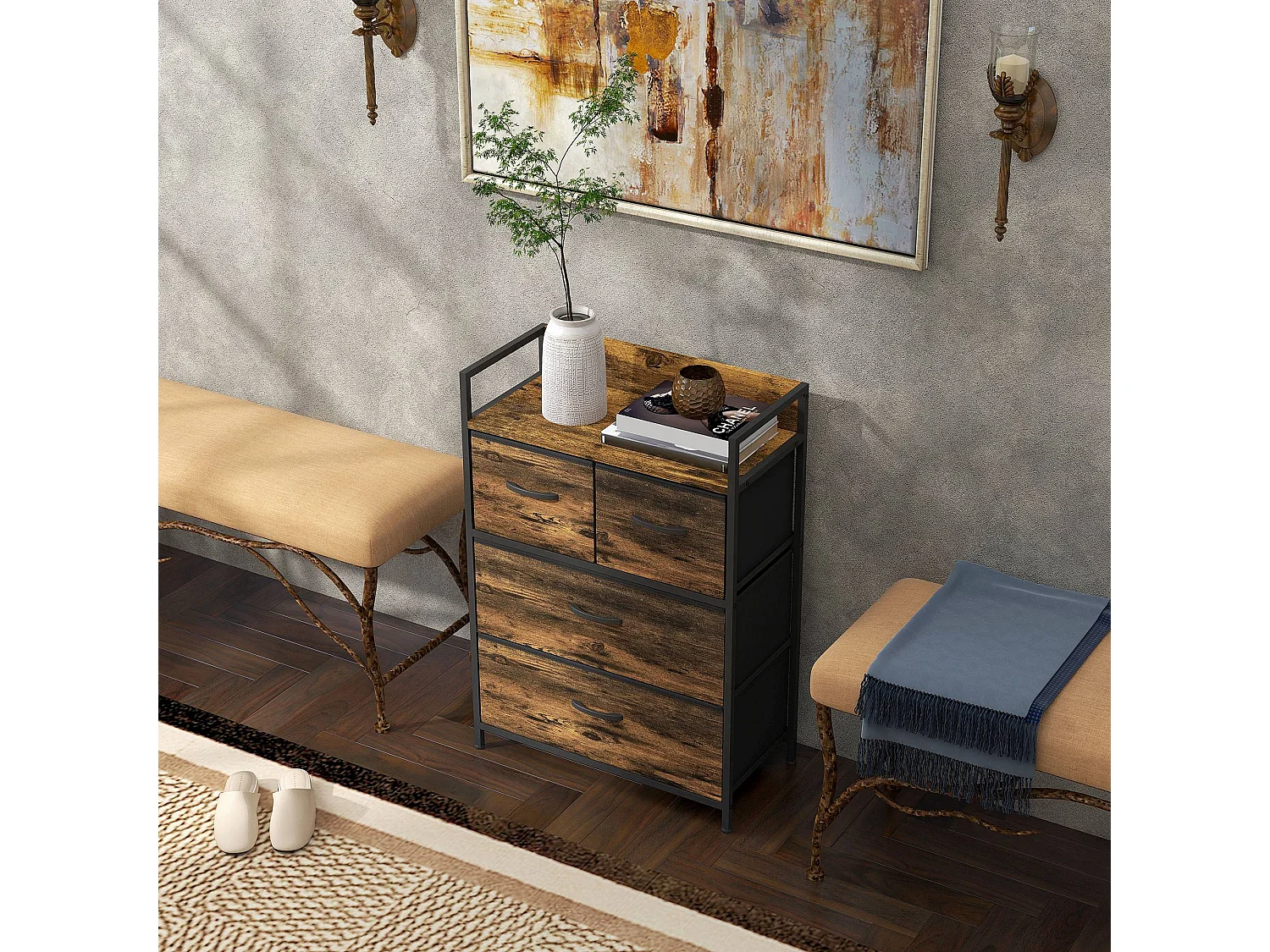 Commode style industriel - 4 tiroirs - acier noir non tissé plateau effet bois vieilli