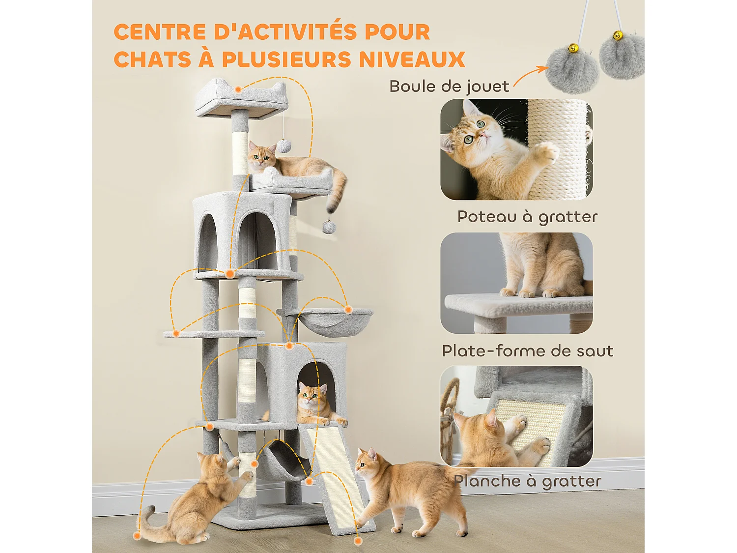 Arbre à chat design grande taille H.177cm équipements jeux multiples sisal naturel peluche gris clair