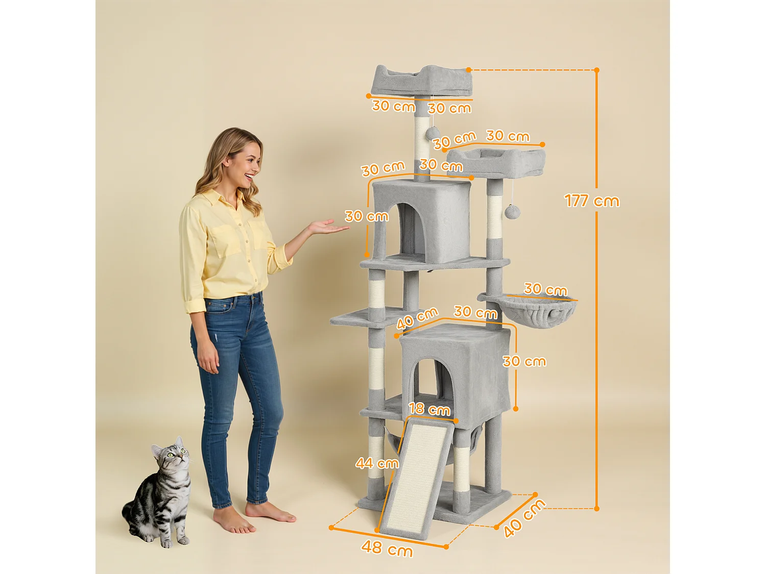 Arbre à chat design grande taille H.177cm équipements jeux multiples sisal naturel peluche gris clair