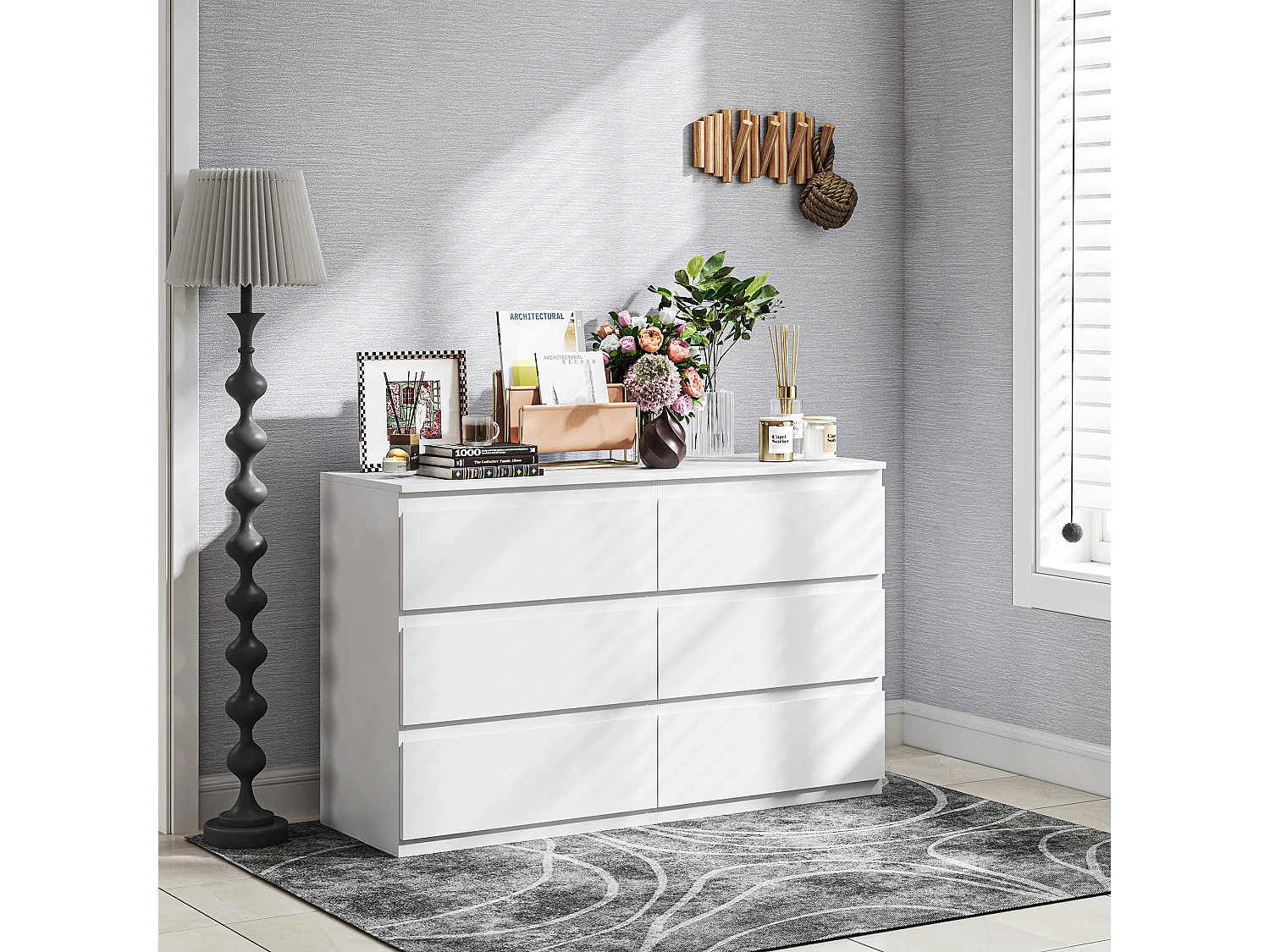 Commode 6 tiroirs coulissants sans poignées - dim. 120 x 39 x 75 cm - blanc