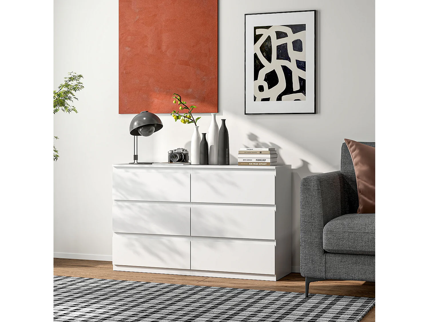 Commode 6 tiroirs coulissants sans poignées - dim. 120 x 39 x 75 cm - blanc