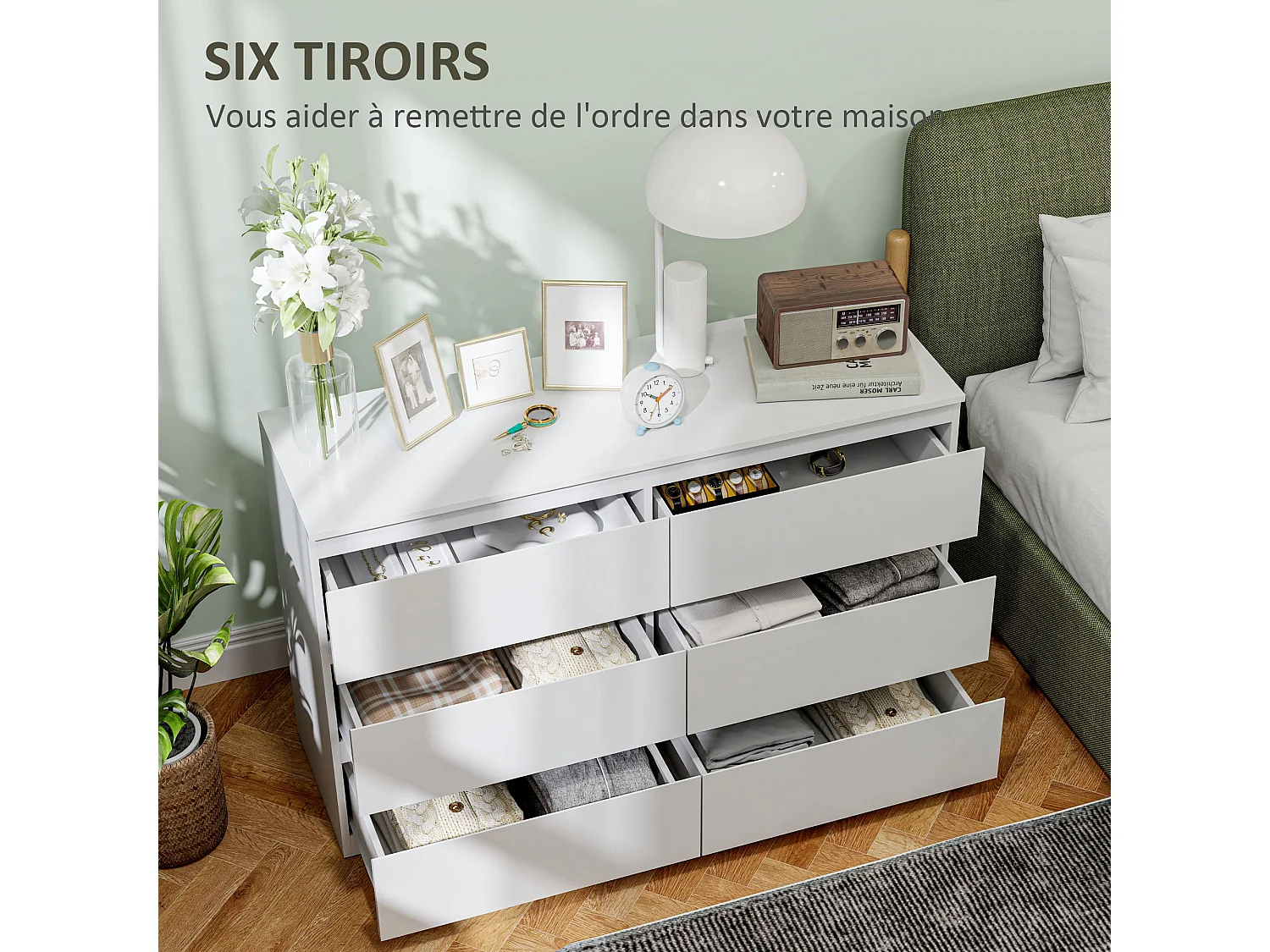 Commode 6 tiroirs coulissants sans poignées - dim. 120 x 39 x 75 cm - blanc