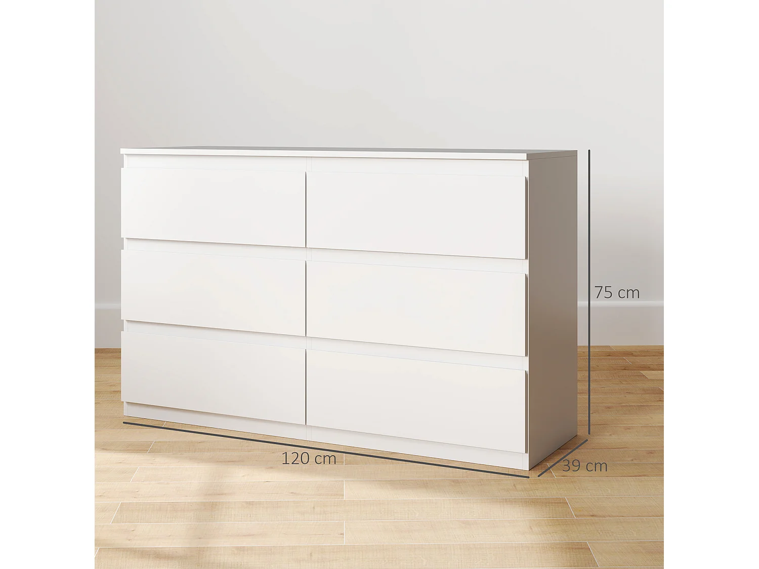 Commode 6 tiroirs coulissants sans poignées - dim. 120 x 39 x 75 cm - blanc