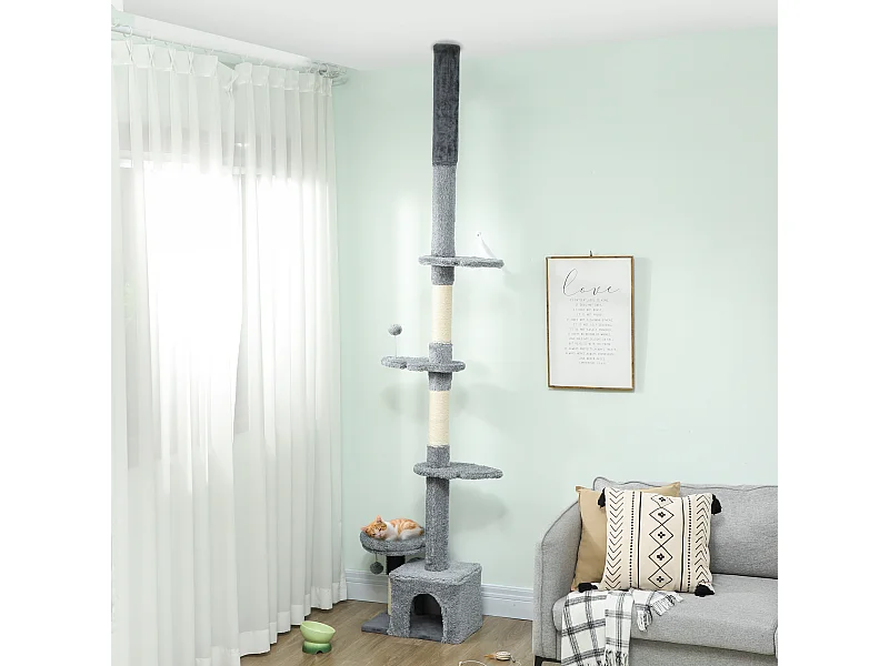Arbre à chat du sol au plafond H.225-255cm - arbre à chat tour réglable - niche, plateformes, griffoirs, boules - gris