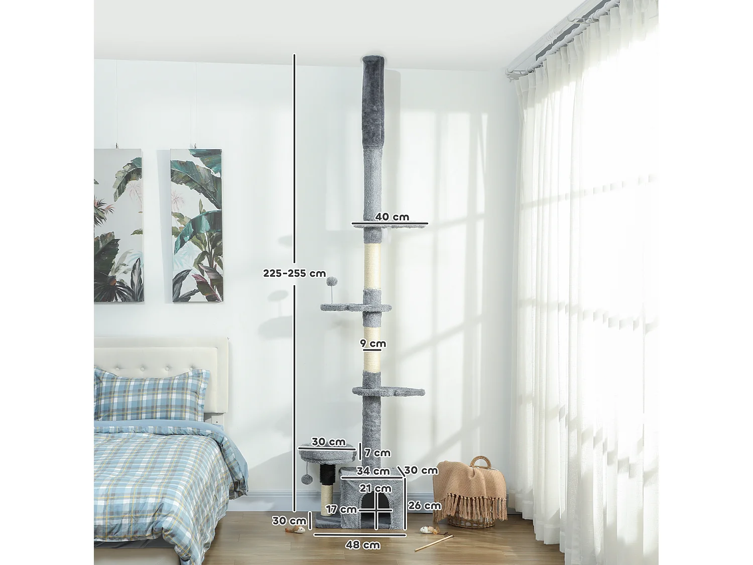 Arbre à chat du sol au plafond H.225-255cm - arbre à chat tour réglable - niche, plateformes, griffoirs, boules - gris