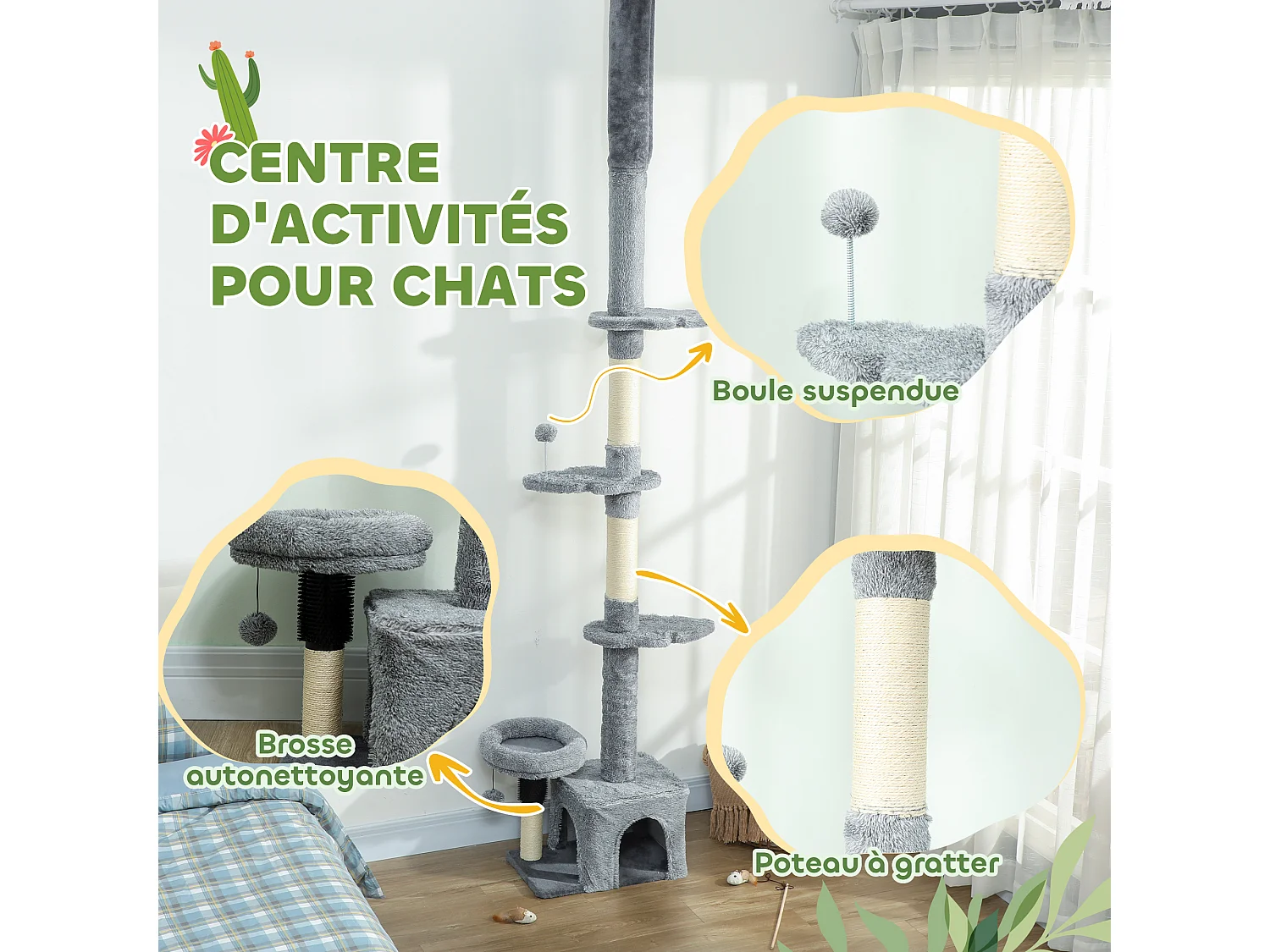 Arbre à chat du sol au plafond H.225-255cm - arbre à chat tour réglable - niche, plateformes, griffoirs, boules - gris