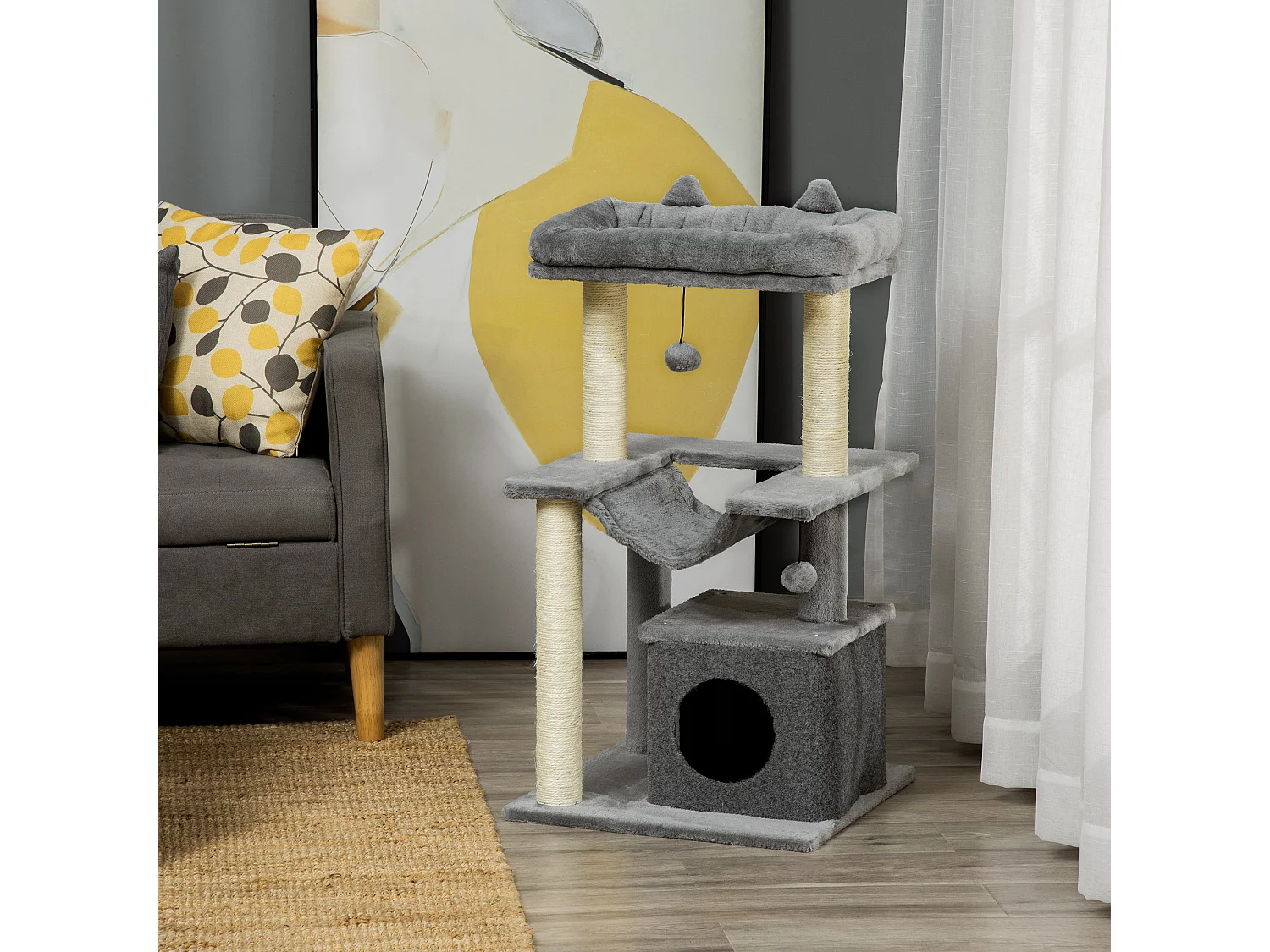 Arbre à chat H.90cm - griffoirs, plateforme d'observation, niche, hamac, boules suspendues - gris