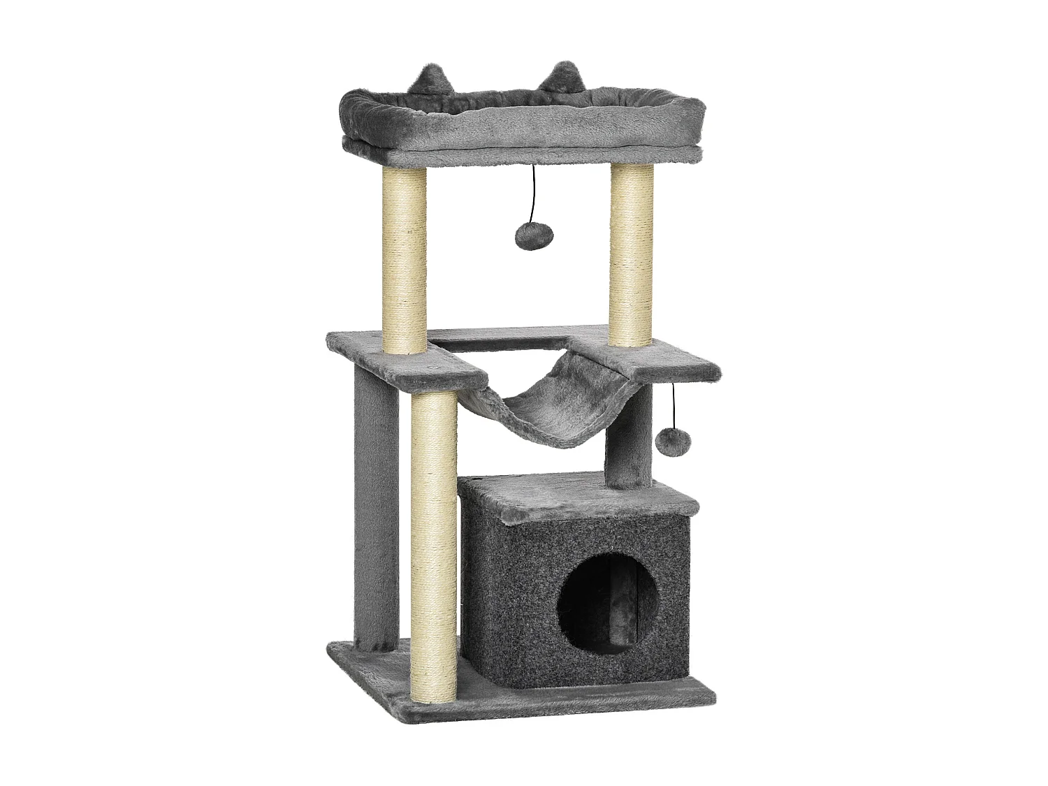 Arbre à chat H.90cm - griffoirs, plateforme d'observation, niche, hamac, boules suspendues - gris