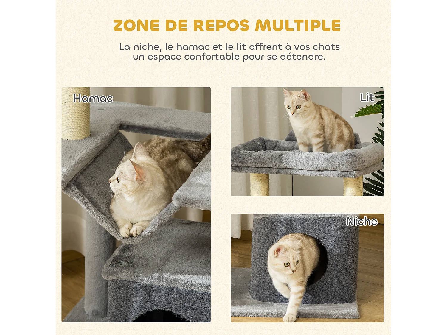 Arbre à chat H.90cm - griffoirs, plateforme d'observation, niche, hamac, boules suspendues - gris