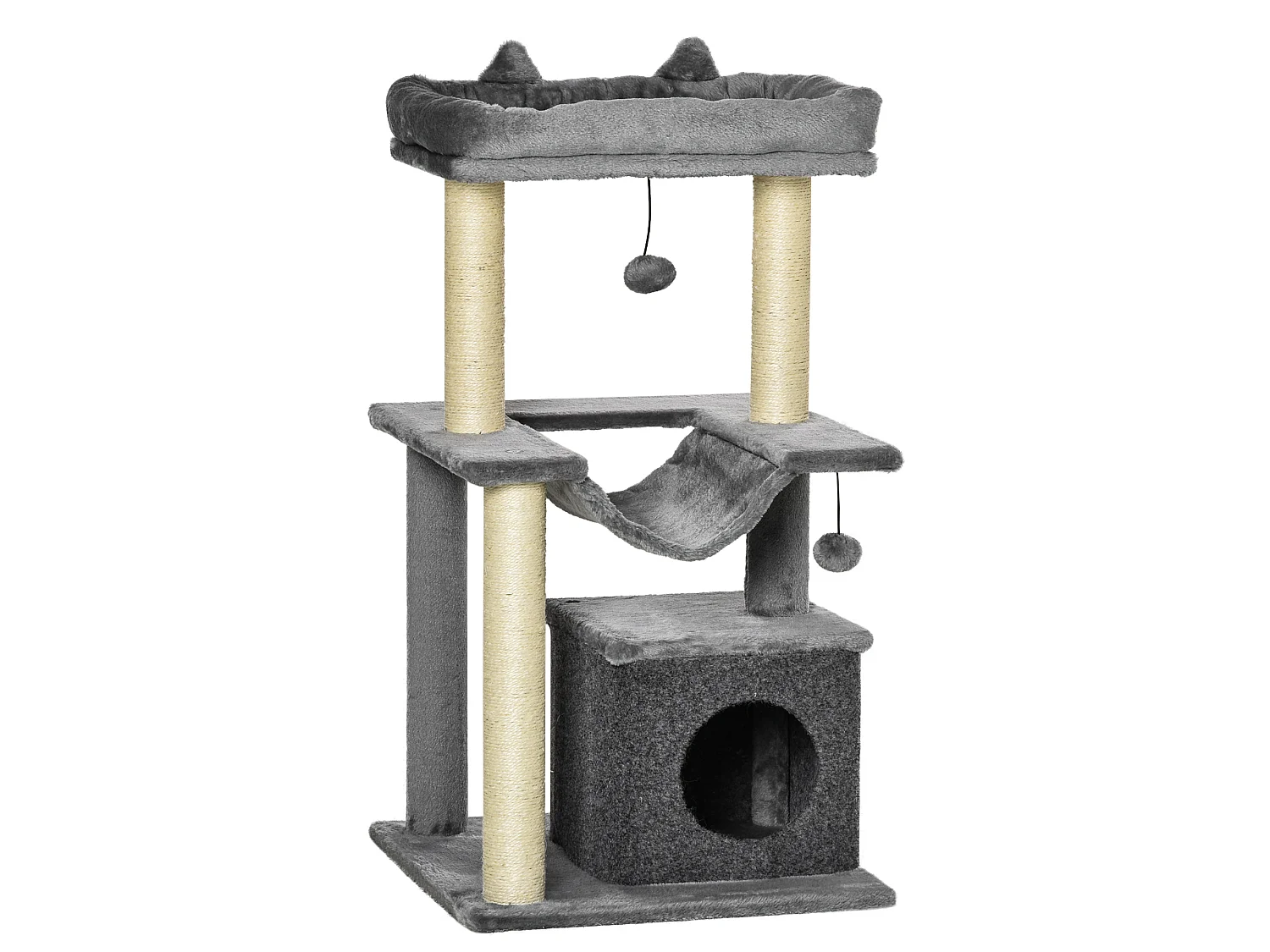 Arbre à chat H.90cm - griffoirs, plateforme d'observation, niche, hamac, boules suspendues - gris