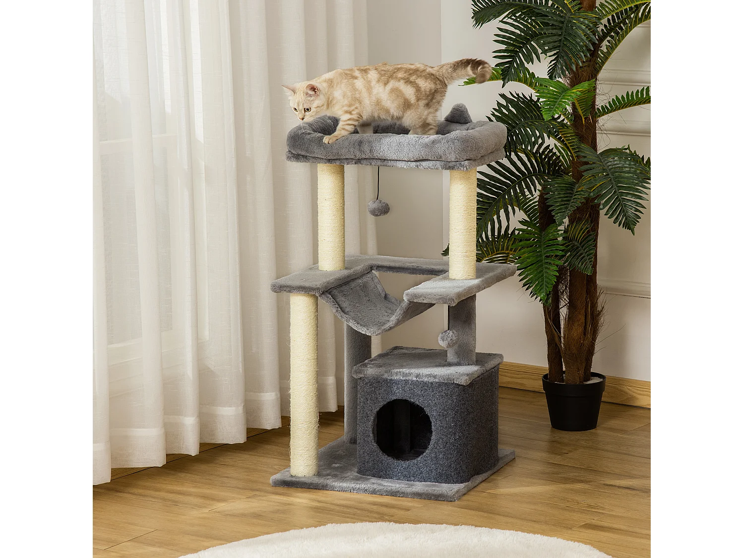 Arbre à chat H.90cm - griffoirs, plateforme d'observation, niche, hamac, boules suspendues - gris