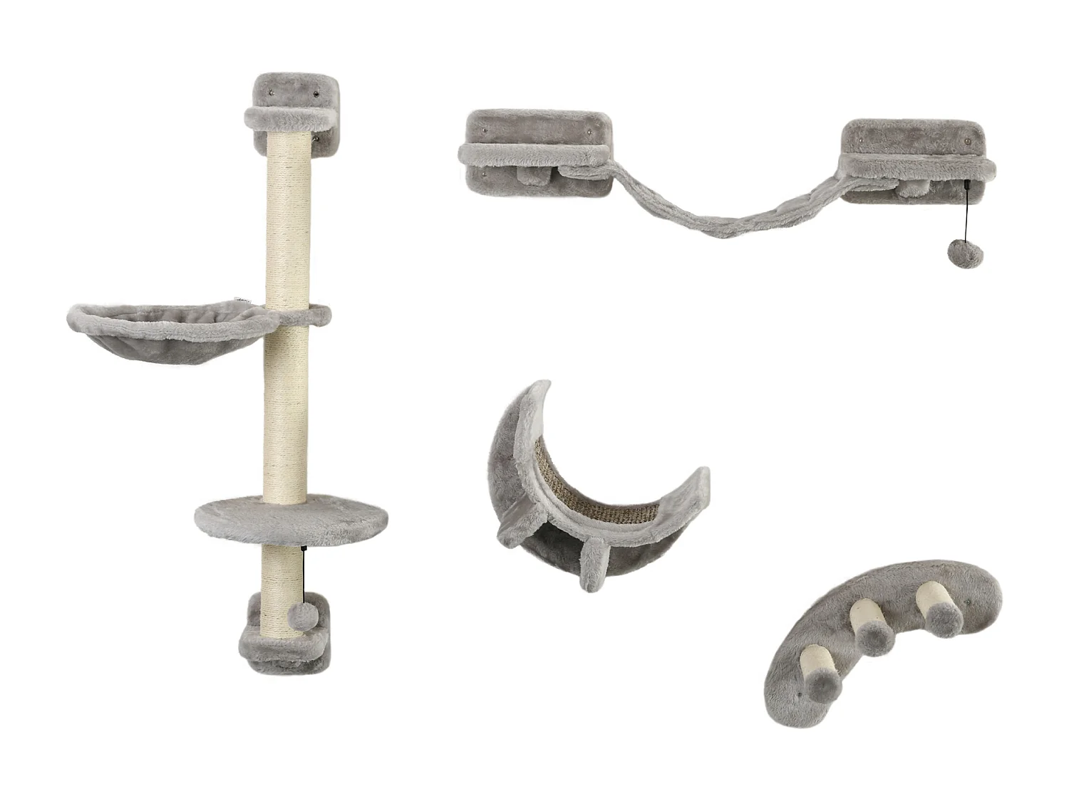 Mur d'escalade pour chat avec hamac passerelle planche à gratter et balles peluche sisal gris