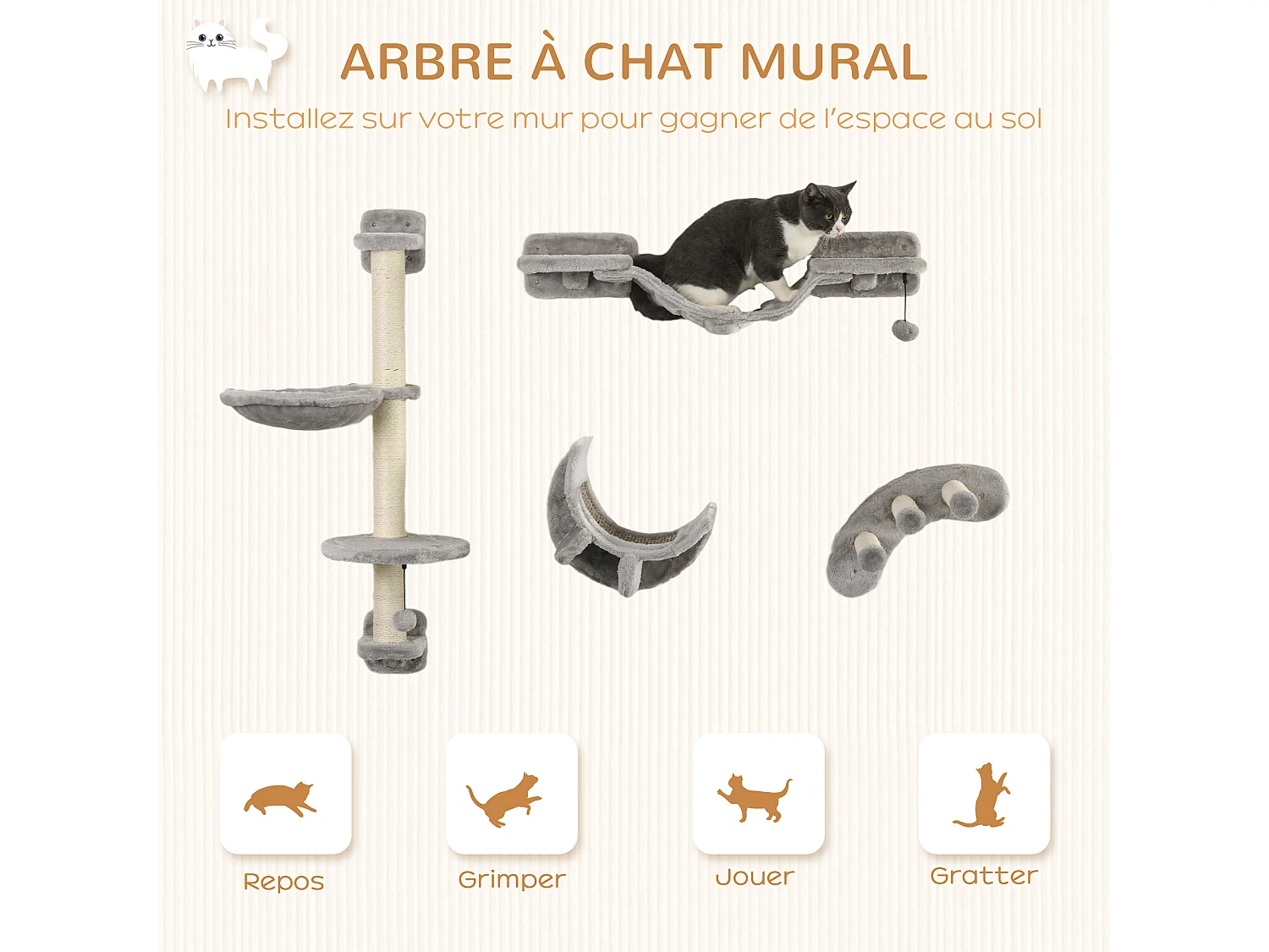 Mur d'escalade pour chat avec hamac passerelle planche à gratter et balles peluche sisal gris