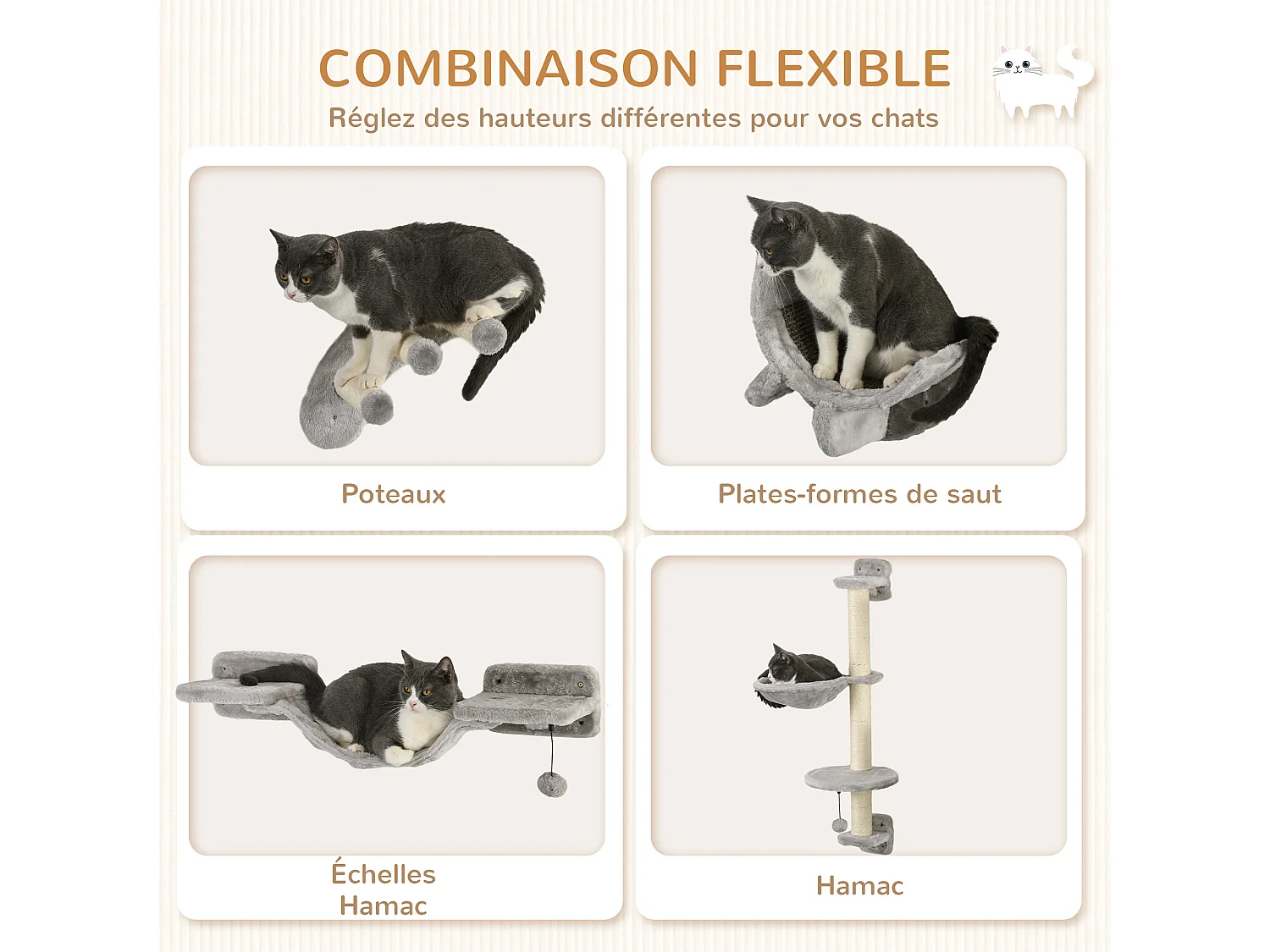 Mur d'escalade pour chat avec hamac passerelle planche à gratter et balles peluche sisal gris