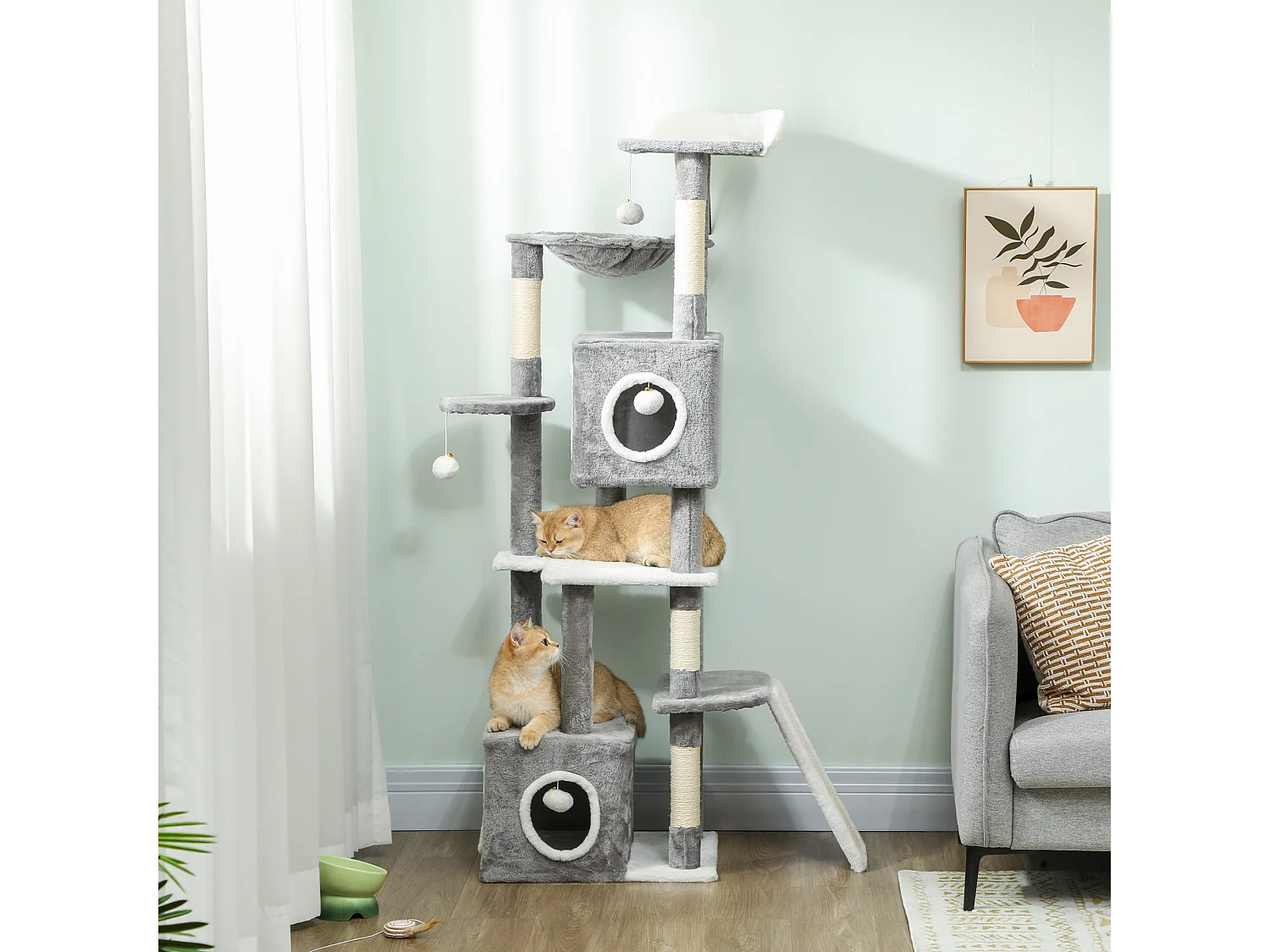 Arbre à chat design grande taille H.165cm équipements jeux multiples sisal naturel peluche gris blanc