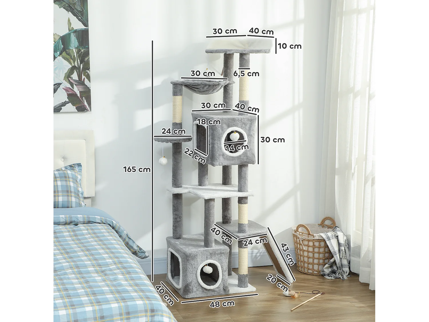 Arbre à chat design grande taille H.165cm équipements jeux multiples sisal naturel peluche gris blanc