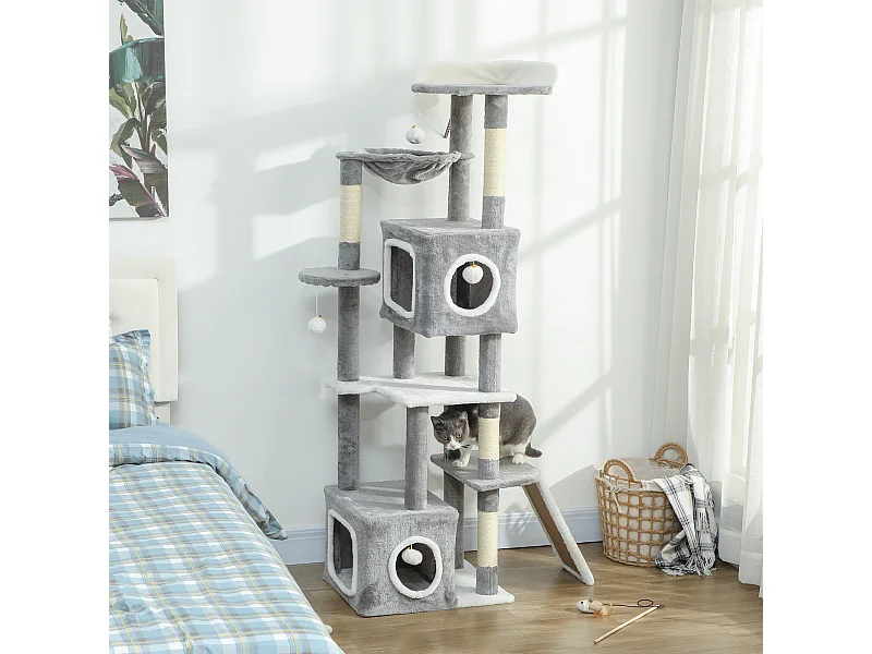 Arbre à chat design grande taille H.165cm équipements jeux multiples sisal naturel peluche gris blanc