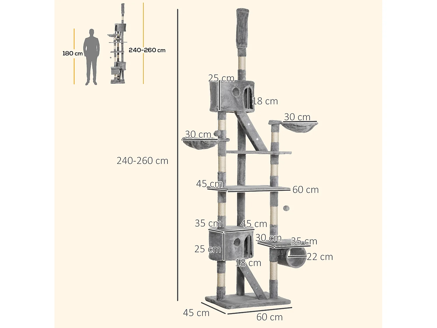 Arbre à chat design XXL réglable H.240-260 cm multi-équipement gris