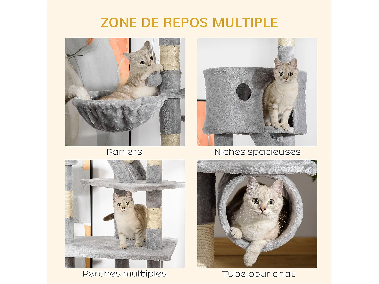 Arbre à chat design XXL réglable H.240-260 cm multi-équipement gris