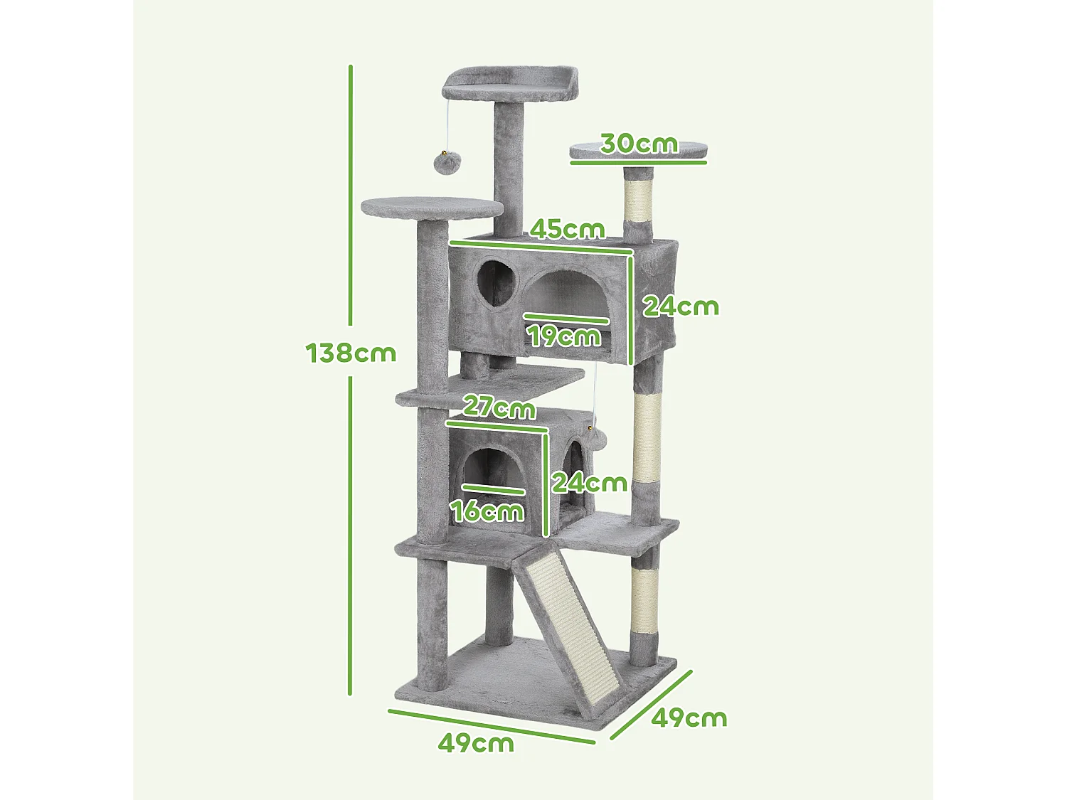 Arbre à chat 2 niches grattoir griffoirs plate-formes 2 niches 2 jouets pompons peluche grise