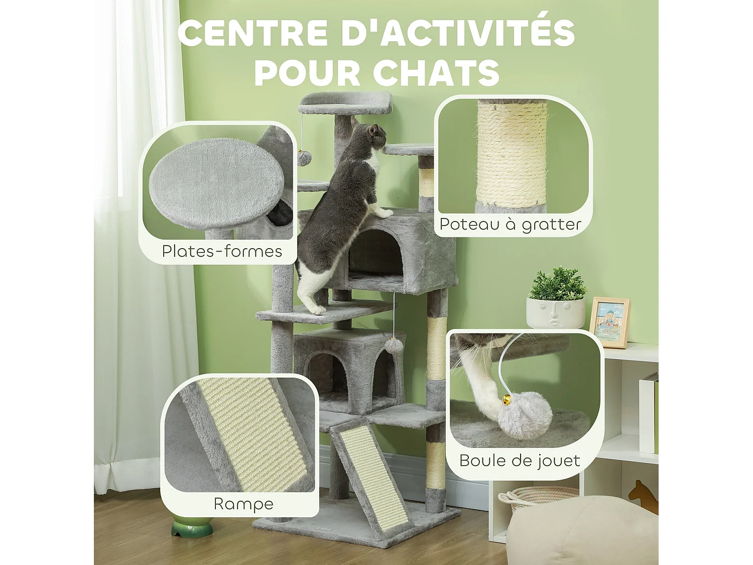 Arbre à chat 2 niches grattoir griffoirs plate-formes 2 niches 2 jouets pompons peluche grise