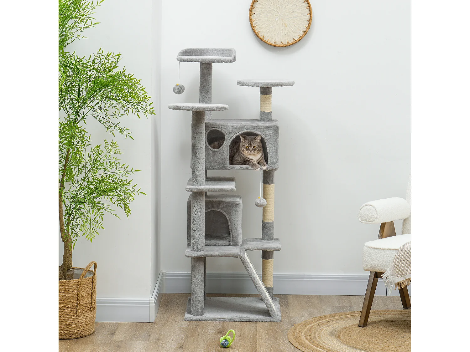 Arbre à chat 2 niches grattoir griffoirs plate-formes 2 niches 2 jouets pompons peluche grise