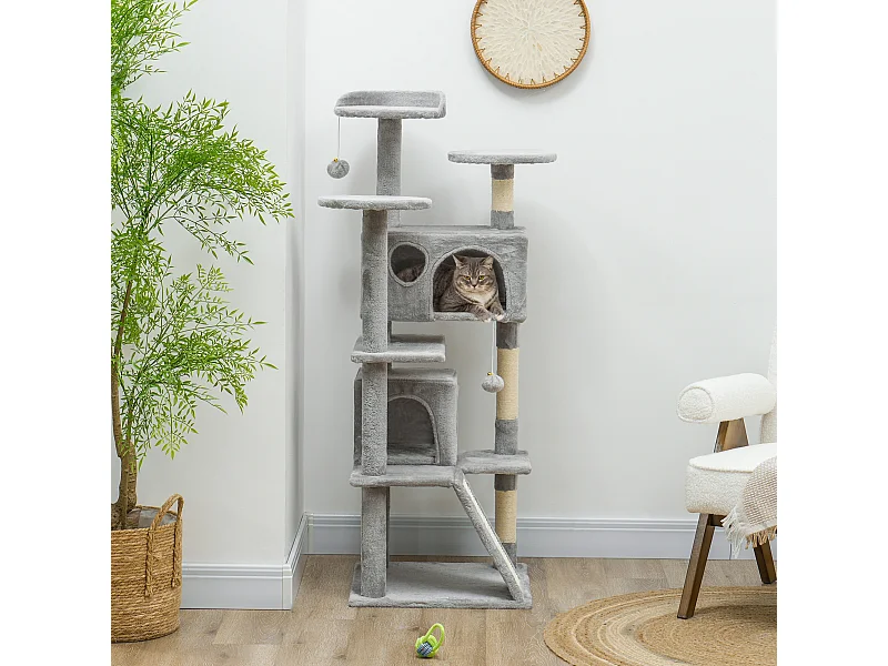 Arbre à chat 2 niches grattoir griffoirs plate-formes 2 niches 2 jouets pompons peluche grise