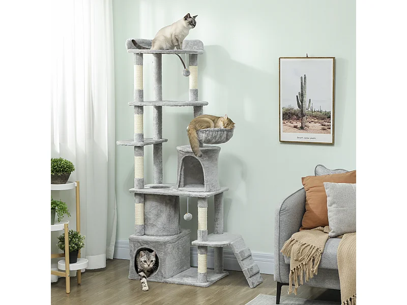 Arbre à chat design gris clair multi-activités - zones de repos, griffoirs - H.170 cm