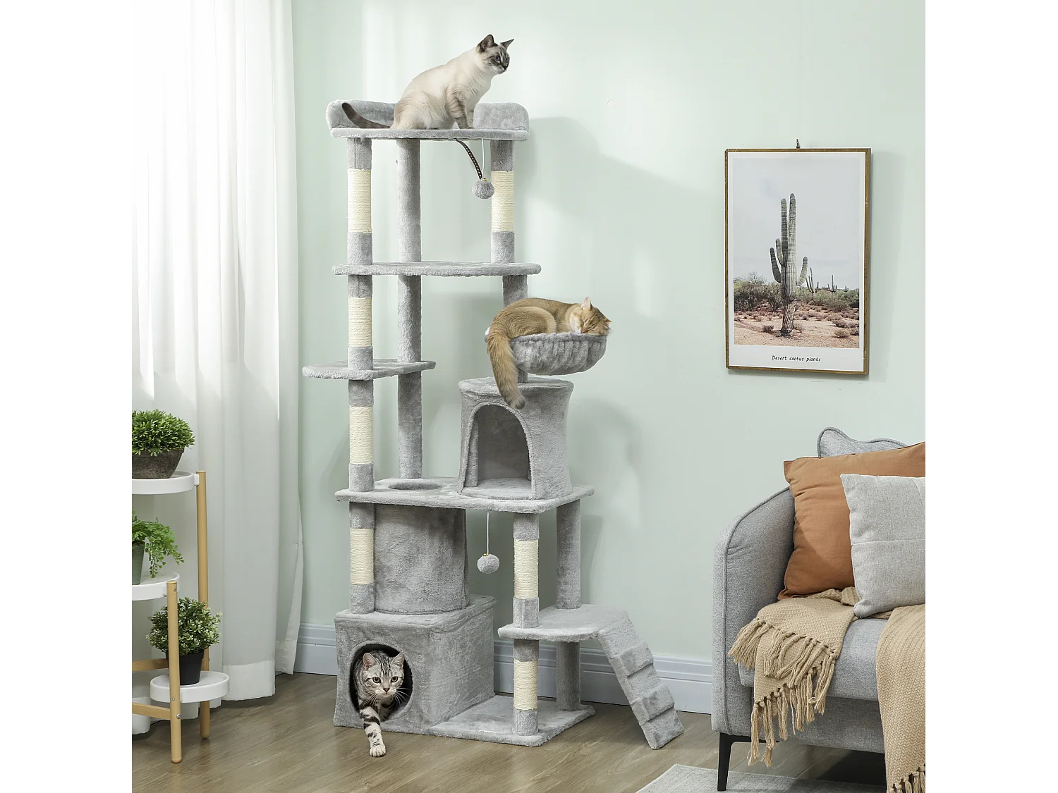 Arbre à chat design gris clair multi-activités - zones de repos, griffoirs - H.170 cm