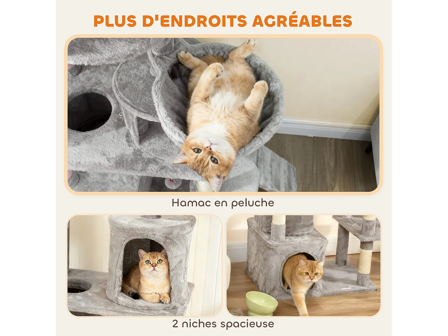 Arbre à chat design gris clair multi-activités - zones de repos, griffoirs - H.170 cm