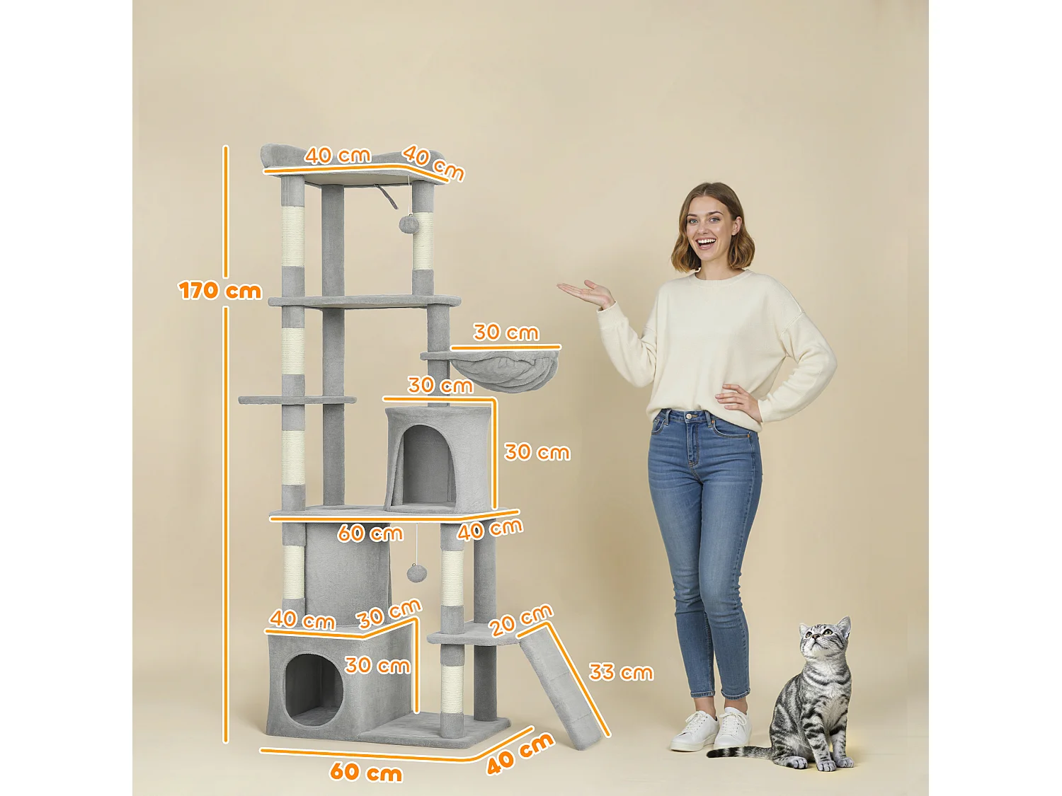 Arbre à chat design gris clair multi-activités - zones de repos, griffoirs - H.170 cm