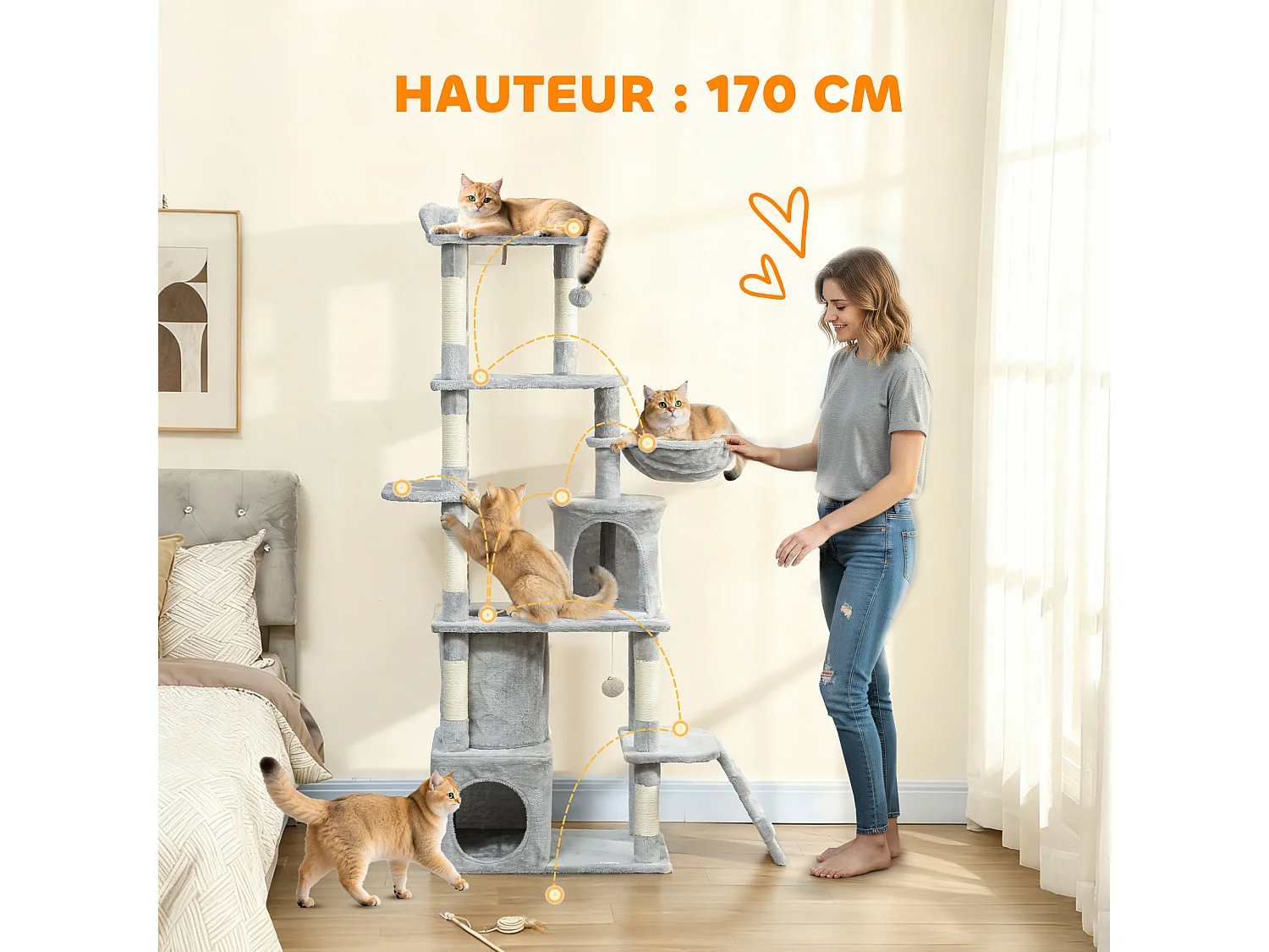 Arbre à chat design gris clair multi-activités - zones de repos, griffoirs - H.170 cm