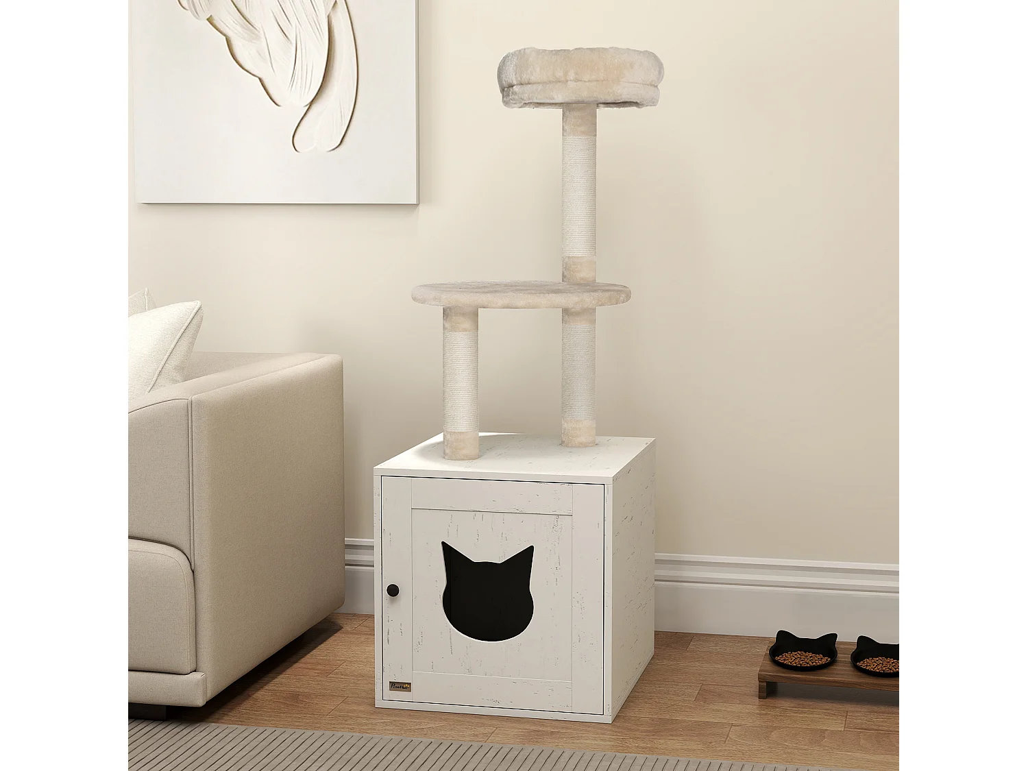 Arbre à chat maison de toilette 2 en 1 - H.129 cm - porte tête de chat - plateforme panier observation - blanc crème