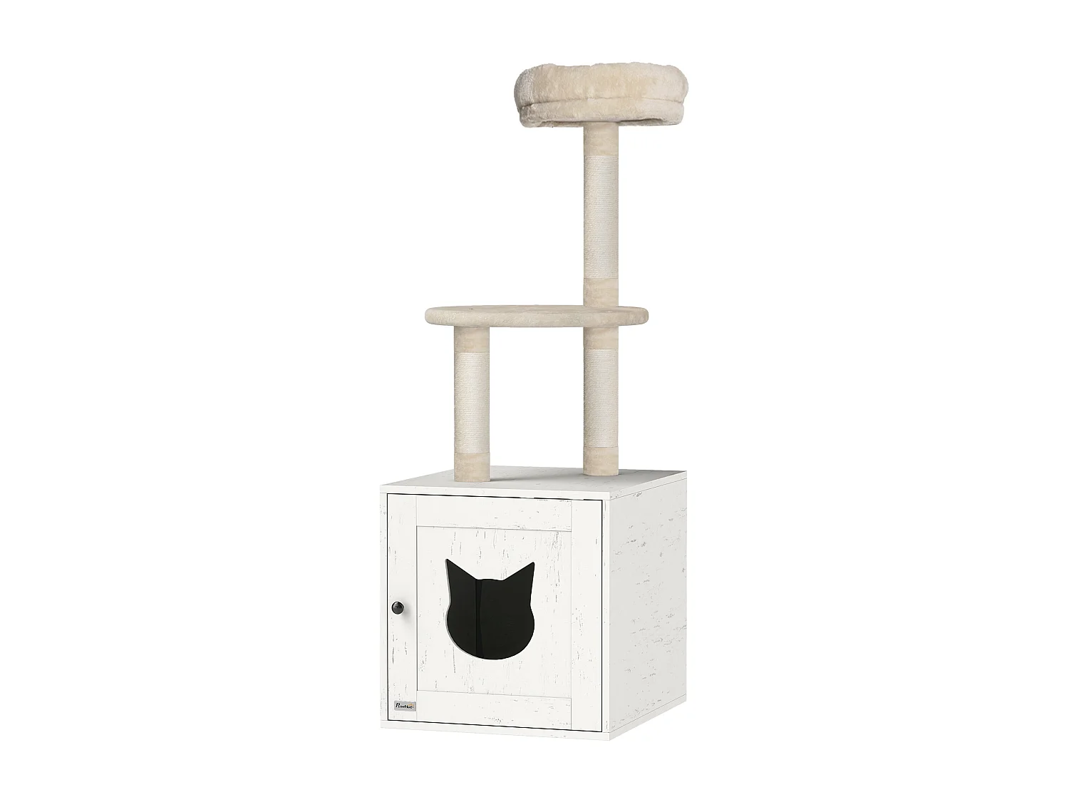 Arbre à chat maison de toilette 2 en 1 - H.129 cm - porte tête de chat - plateforme panier observation - blanc crème