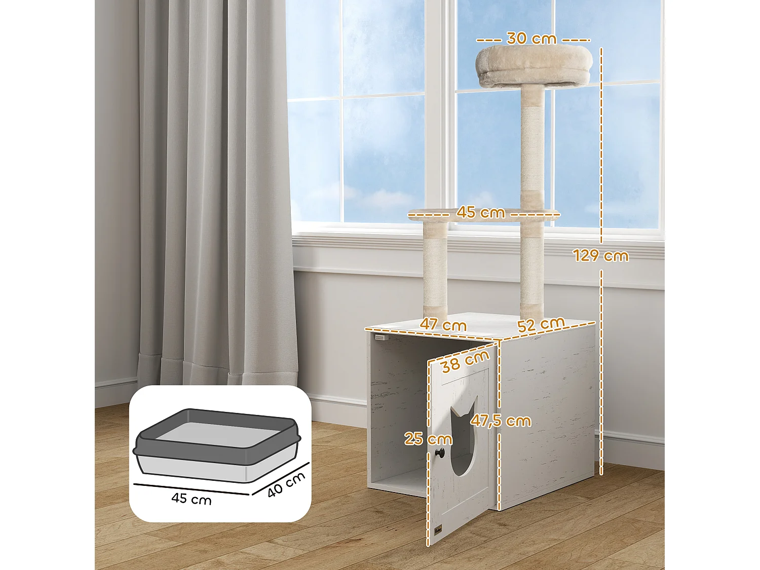 Arbre à chat maison de toilette 2 en 1 - H.129 cm - porte tête de chat - plateforme panier observation - blanc crème