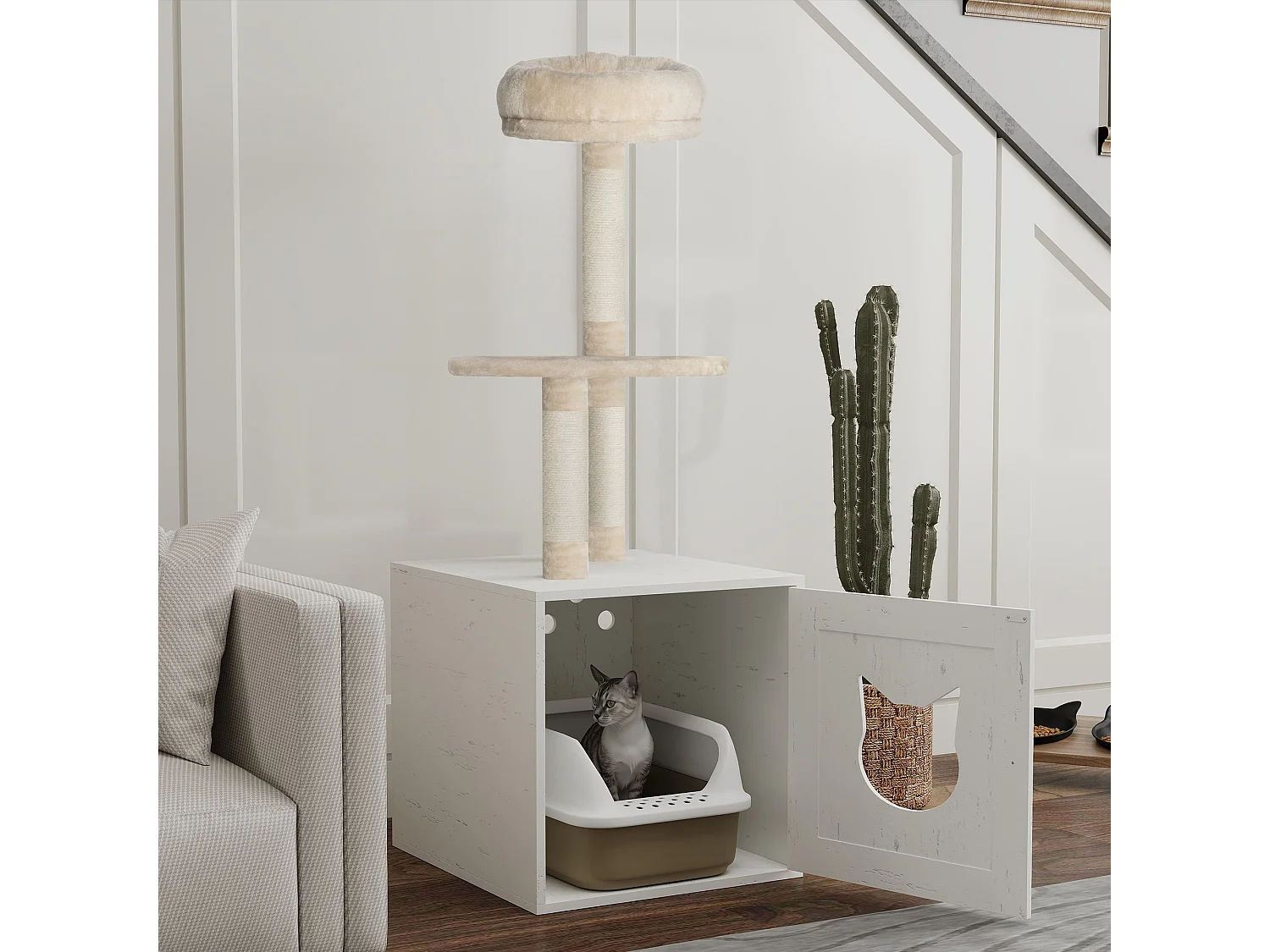 Arbre à chat maison de toilette 2 en 1 - H.129 cm - porte tête de chat - plateforme panier observation - blanc crème