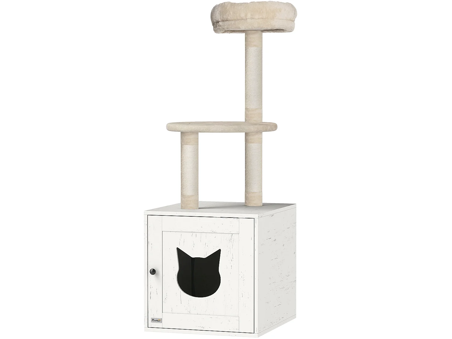 Arbre à chat maison de toilette 2 en 1 - H.129 cm - porte tête de chat - plateforme panier observation - blanc crème