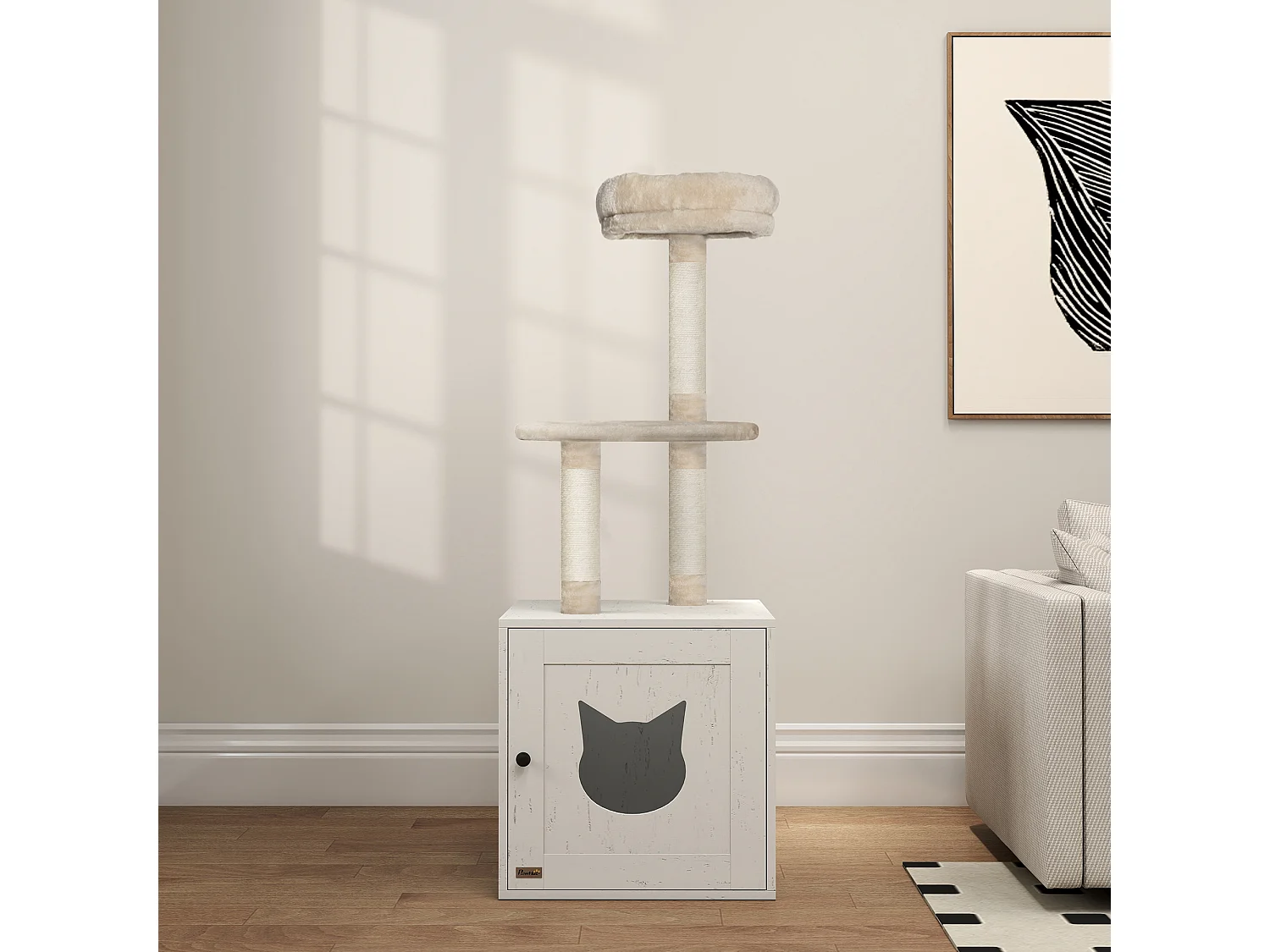 Arbre à chat maison de toilette 2 en 1 - H.129 cm - porte tête de chat - plateforme panier observation - blanc crème