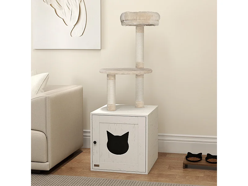 Arbre à chat maison de toilette 2 en 1 - H.129 cm - porte tête de chat - plateforme panier observation - blanc crème