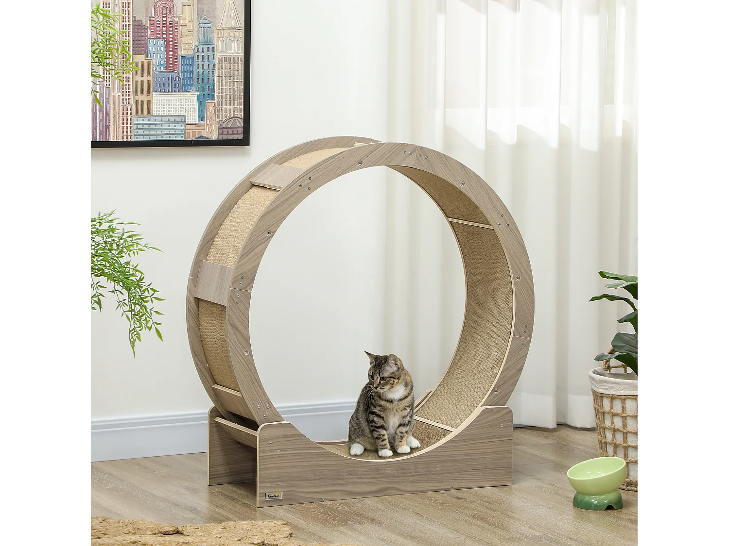 Roue d'exercice pour chat - frein, grattoirs - dim. 91L x 33,5P x 94H cm - aspect bois brun