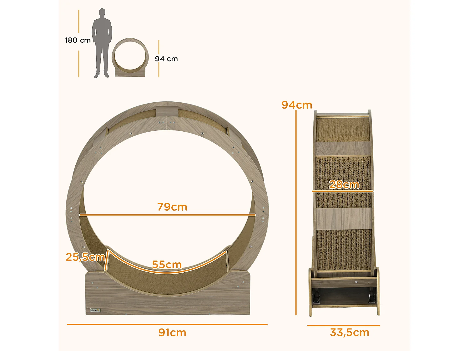 Roue d'exercice pour chat - frein, grattoirs - dim. 91L x 33,5P x 94H cm - aspect bois brun
