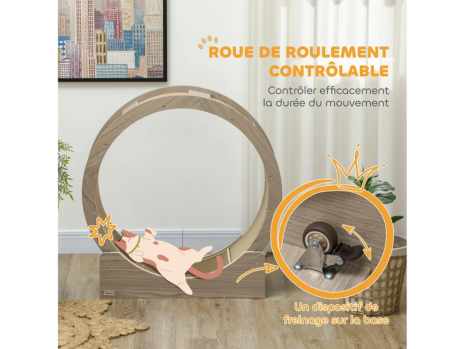 Roue d'exercice pour chat - frein, grattoirs - dim. 91L x 33,5P x 94H cm - aspect bois brun