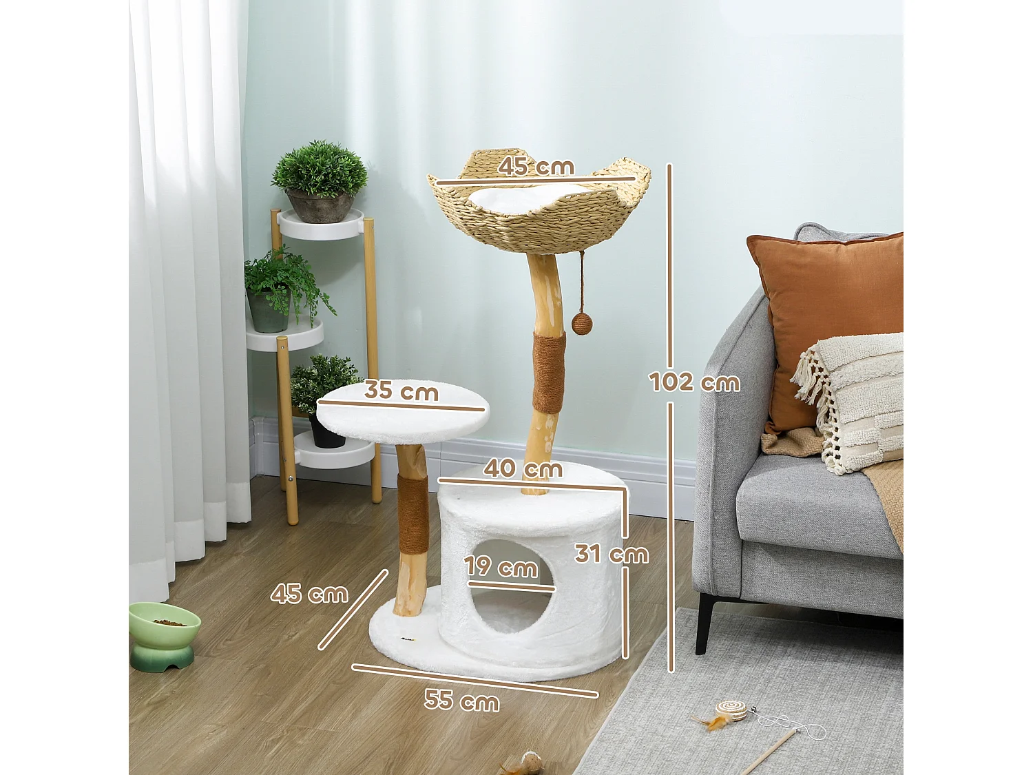 Arbre à chat bois design naturel griffoirs boule chanvre panier observation tressé coussin niche