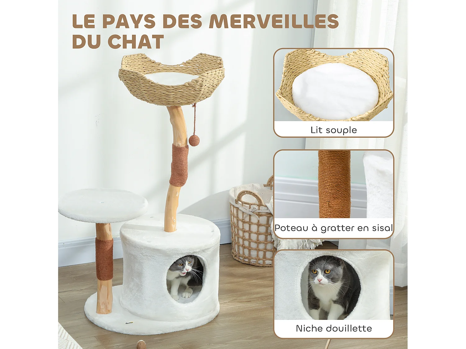 Arbre à chat bois design naturel griffoirs boule chanvre panier observation tressé coussin niche