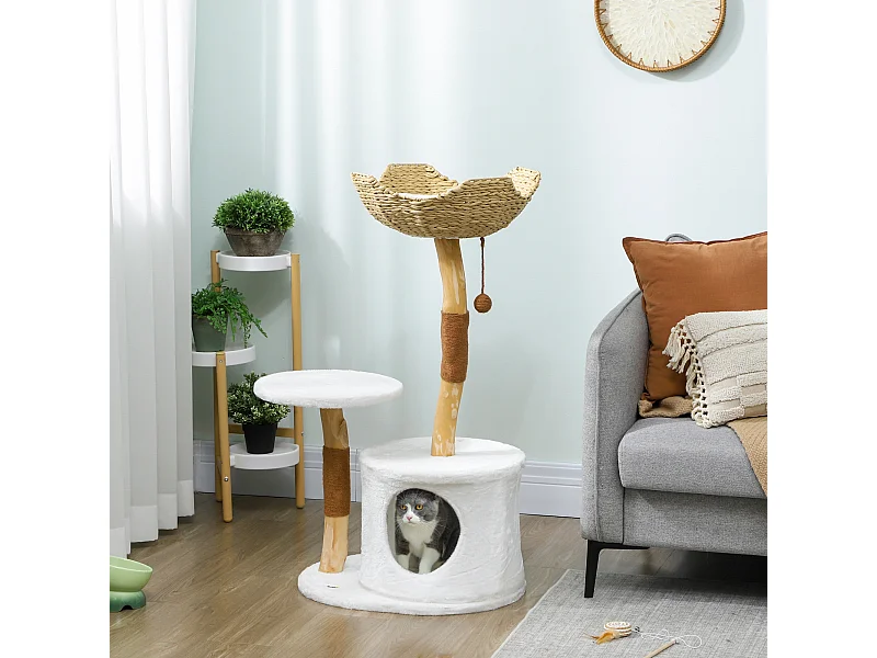Arbre à chat bois design naturel griffoirs boule chanvre panier observation tressé coussin niche